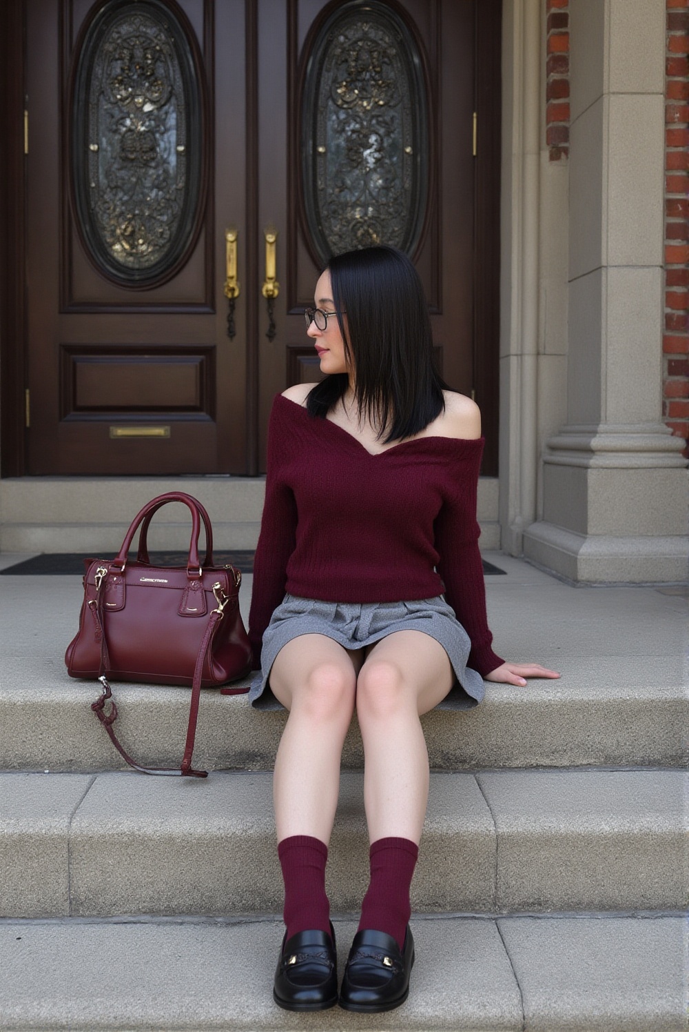 an ultra-wide shot of a young woman with straight dark hair and glasses sitting casually on the wide stone steps leading u...