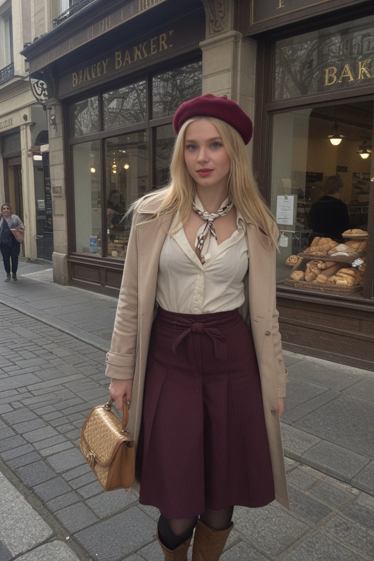 An ultra-wide shot,  capturing a young woman with long blonde hair standing stylishly on a cobblestone pavement outside a...