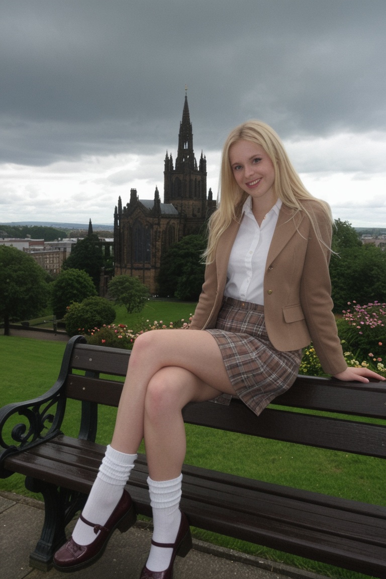 capturing a smiling young woman with long blonde hair sitting gracefully on the backrest of a dark wooden park bench. She...