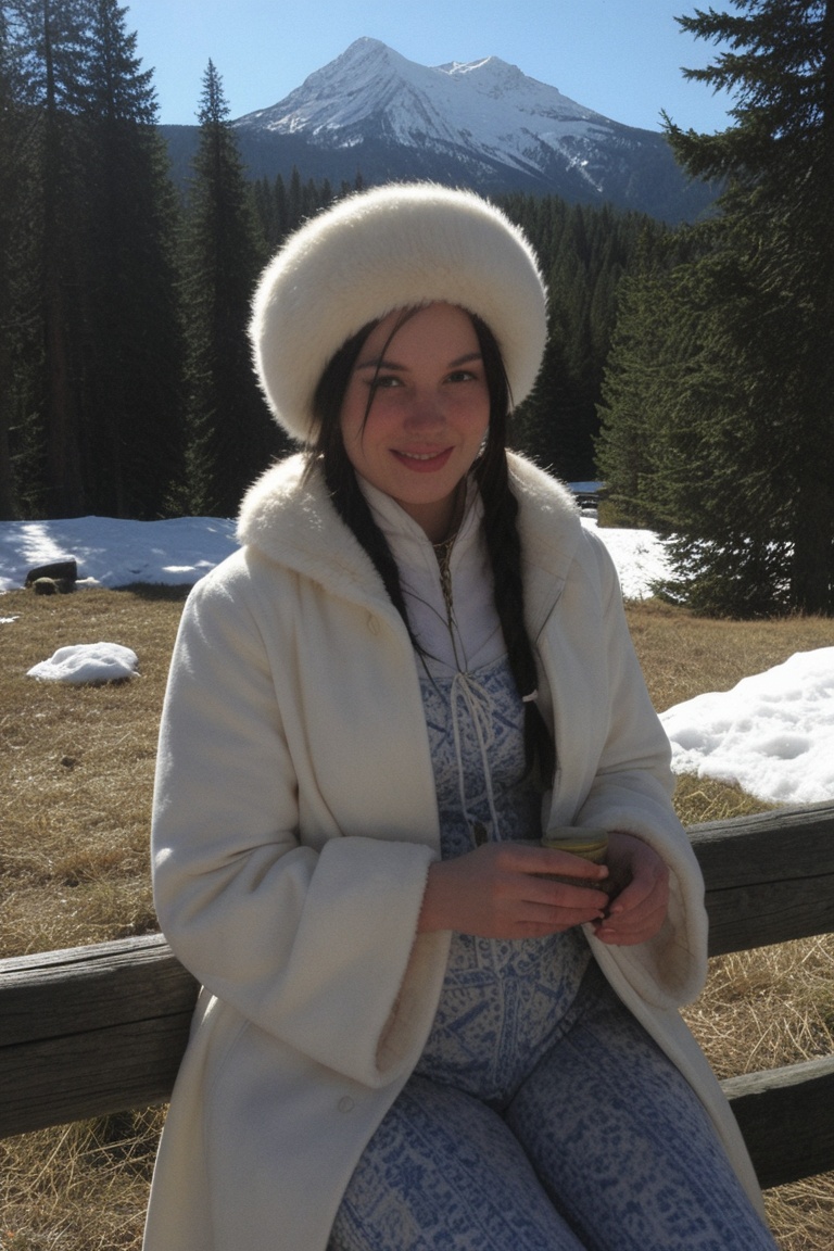 A wide full body shot captures a young woman seated on a rustic wooden fence in a high alpine meadow,  framed by tall pine...