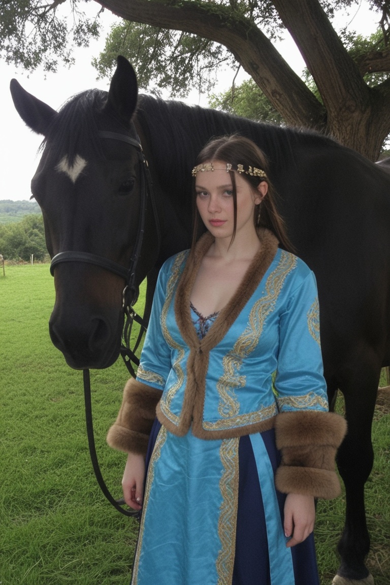 A full body shot captured from a wide angle reveals a young woman standing in a grassy meadow beside a large black horse,...