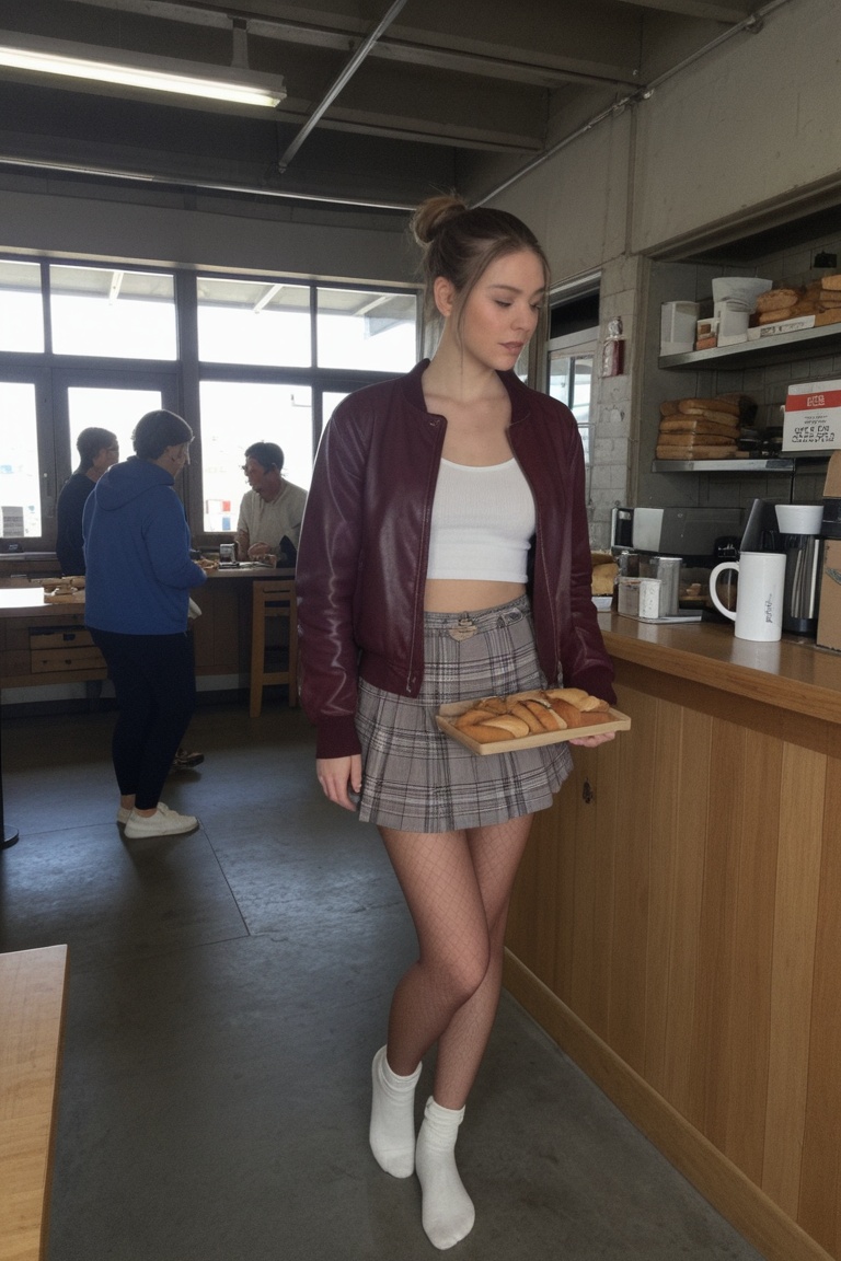An ultra-wide shot,  capturing a young woman with her hair tied up in a bun standing in profile inside a cozy,  rustic bak...