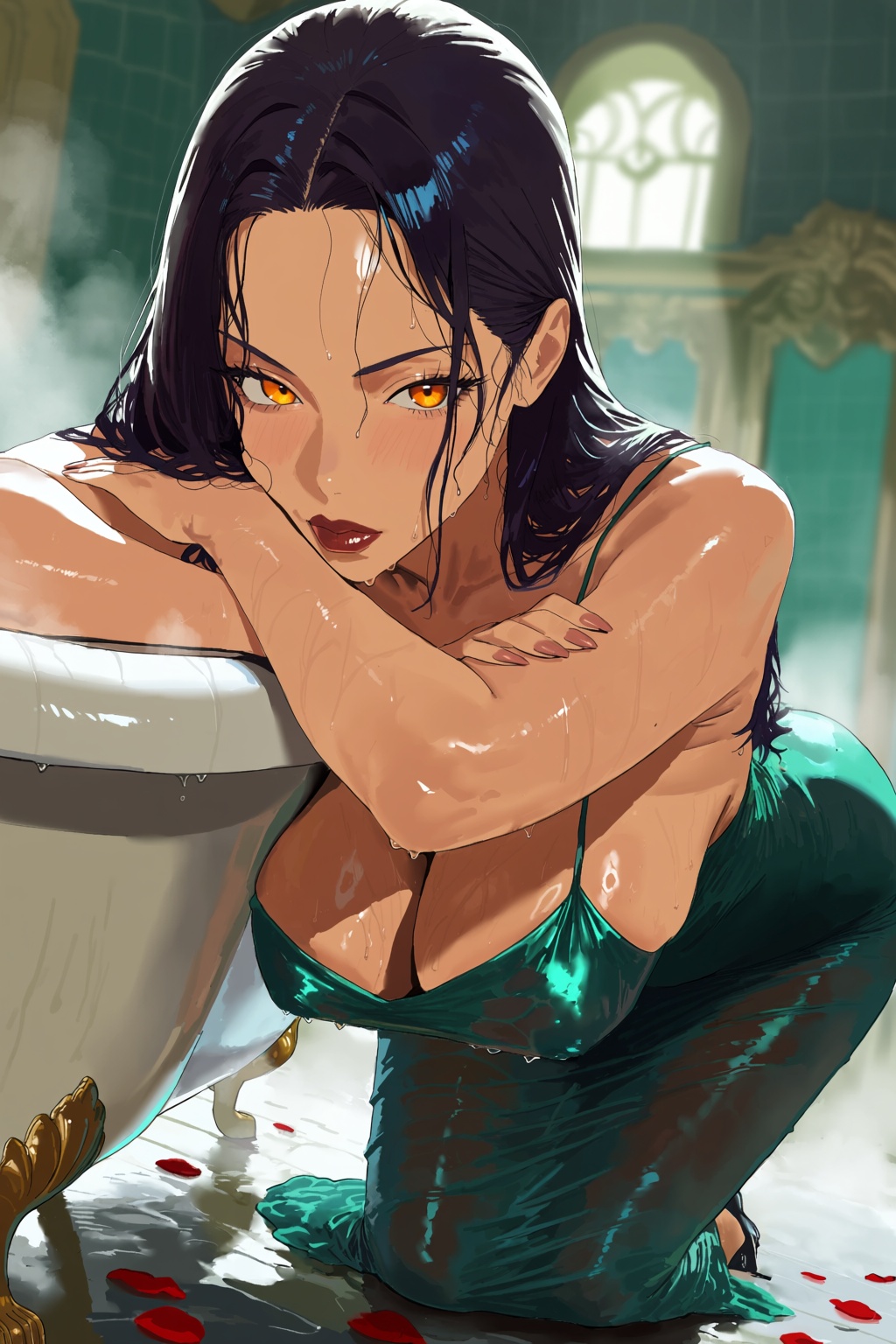 highres,  absurdres,  @hintobento A low-angle close-up digital illustration depicts a mesmerizing woman with striking ambe...
