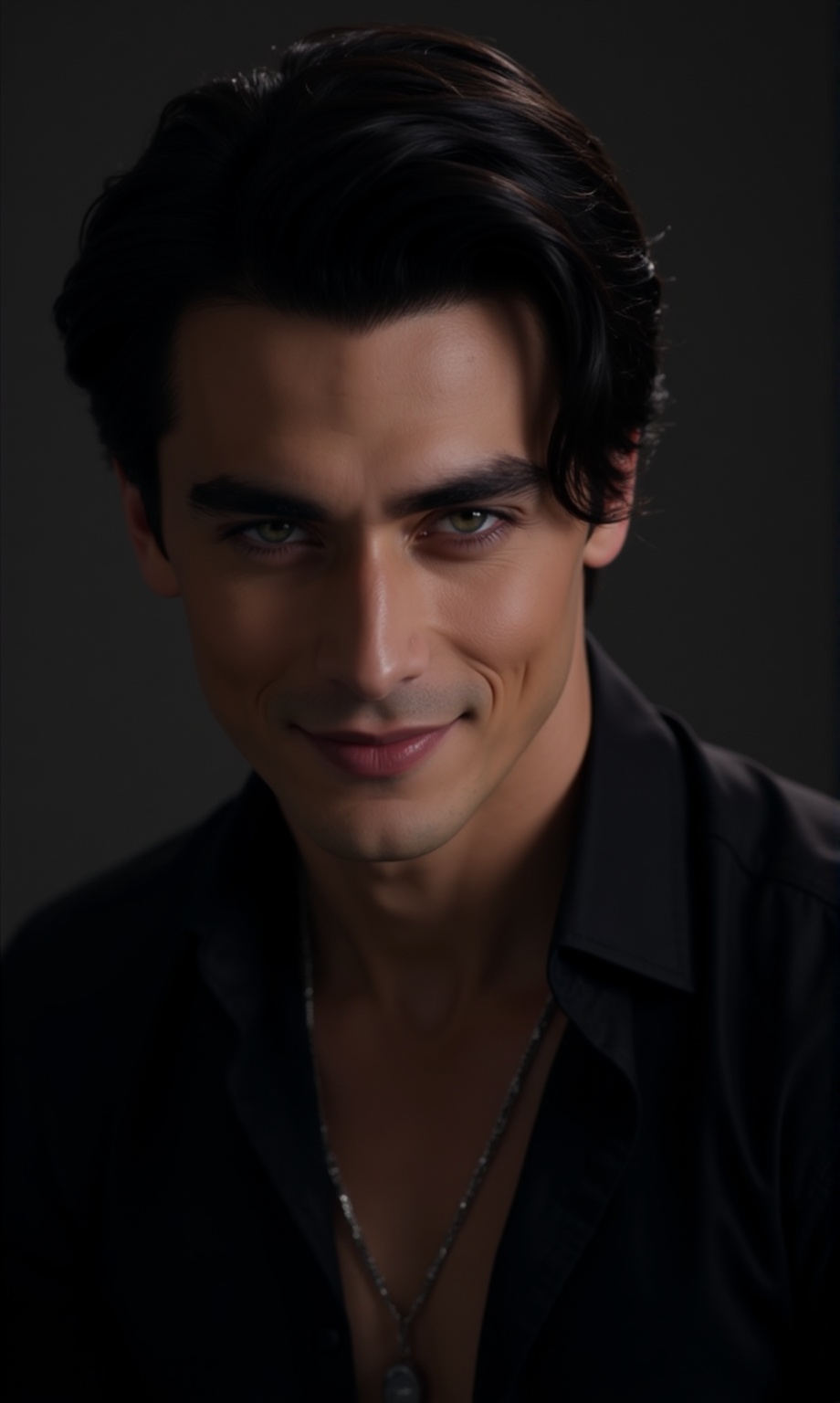 The image shows a person with neatly styled dark hair and a well-groomed face. The individual is wearing a black shirt and...