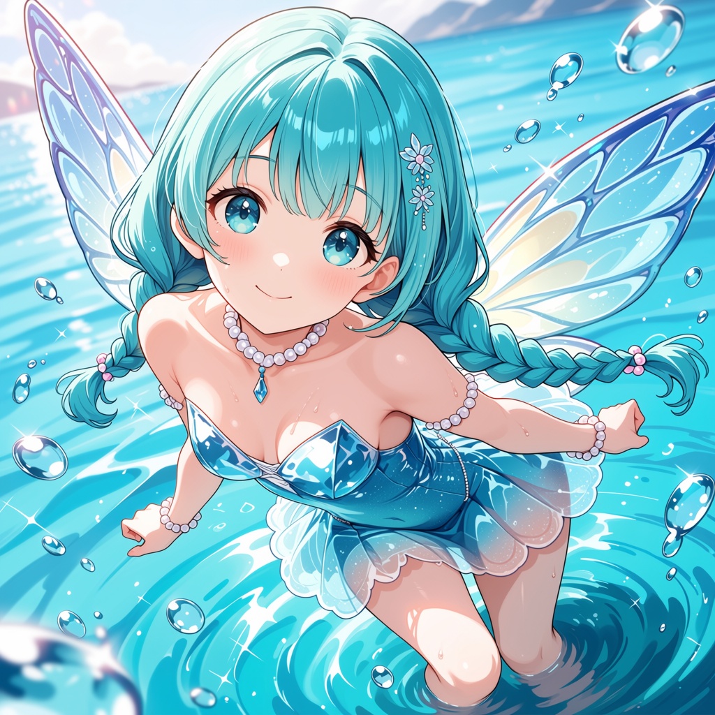 (aquamarine fairy dress,  pearl accessories),  (soft smile on Tensor.Art