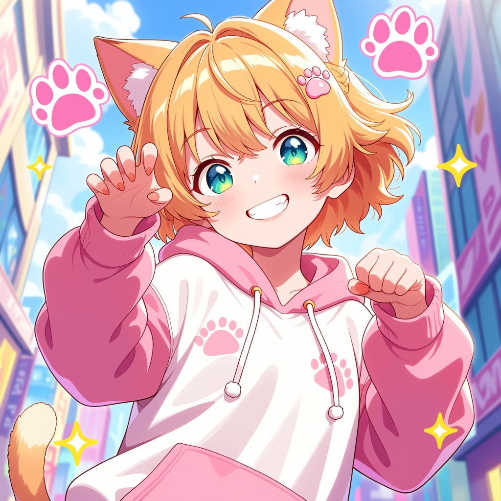 (cute oversized hoodie,  cat motifs),  (playful grin on Tensor.Art