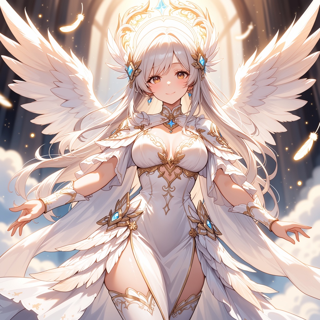 (white celestial dress,  feather decorations),  (pure smile on Tensor.Art