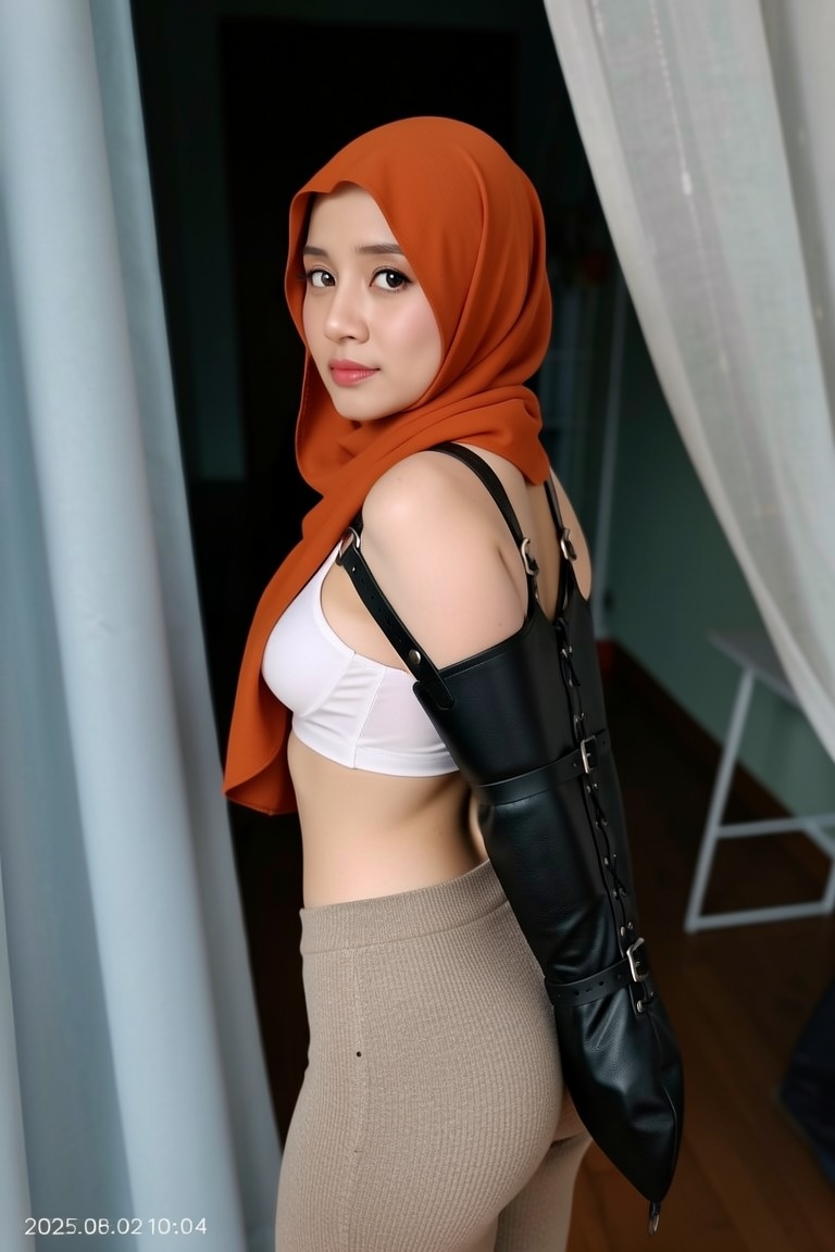 The woman's arms are bound behind her back with a leather armbinder with black chest straps. The woman is standing in a th...