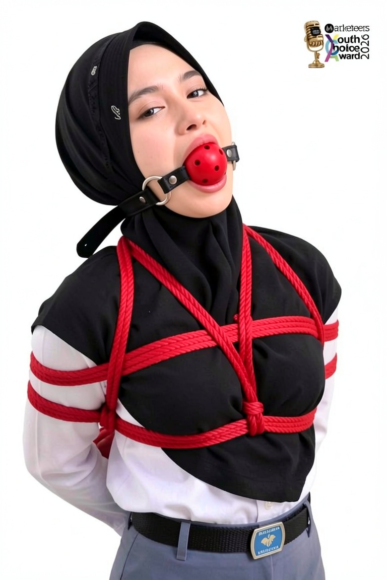 Arms behind back ropedwith smallest red roped boxtied style Make her mouth ballgagged with straps over her neck (image ref...