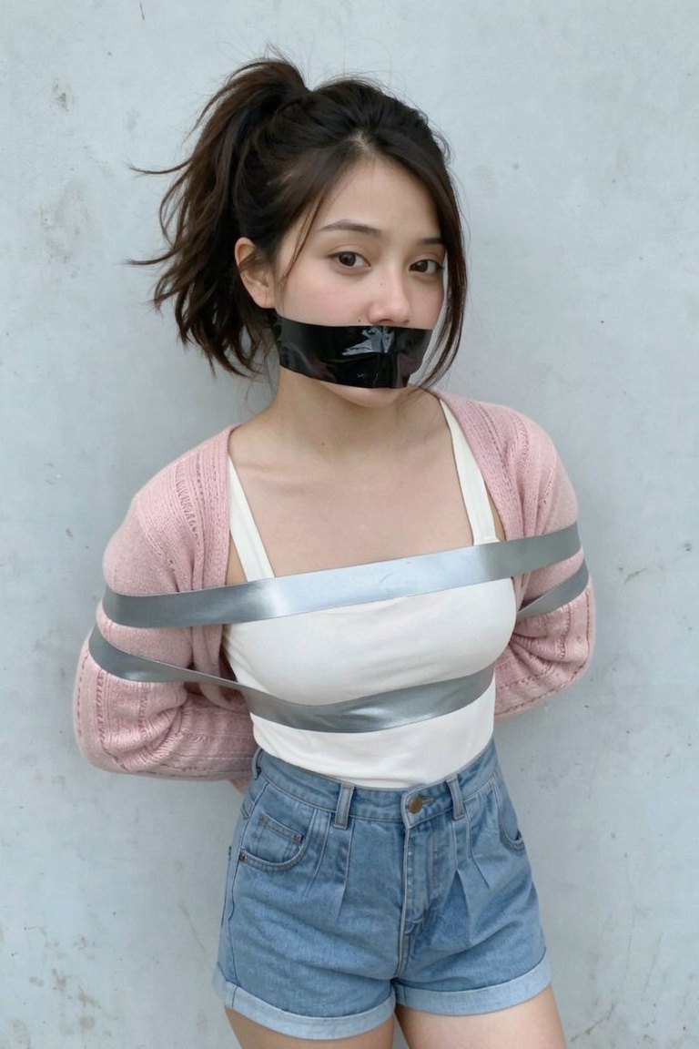 body bound with [silver tape],  mouth tapegagged with black shiny tape on Tensor.Art