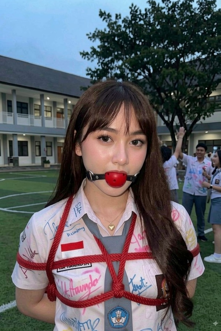 Arms behind back ropedwith smallest red roped boxtied style Make her mouth ballgagged with straps over her neck (image ref...
