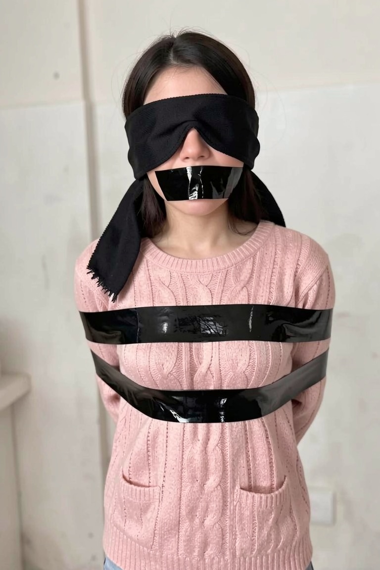 body bound with [black tape],  mouth tapegagged with black shiny tape,  blindfold with black cloth on Tensor.Art