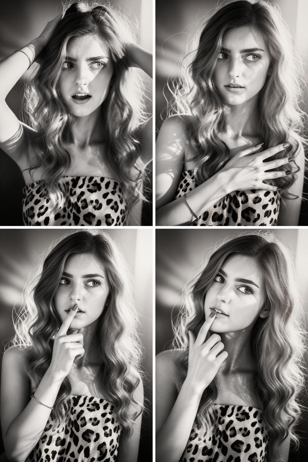 This black-and-white photograph collage features four close-up portraits of Ivys a young woman with long,  wavy hair and a...