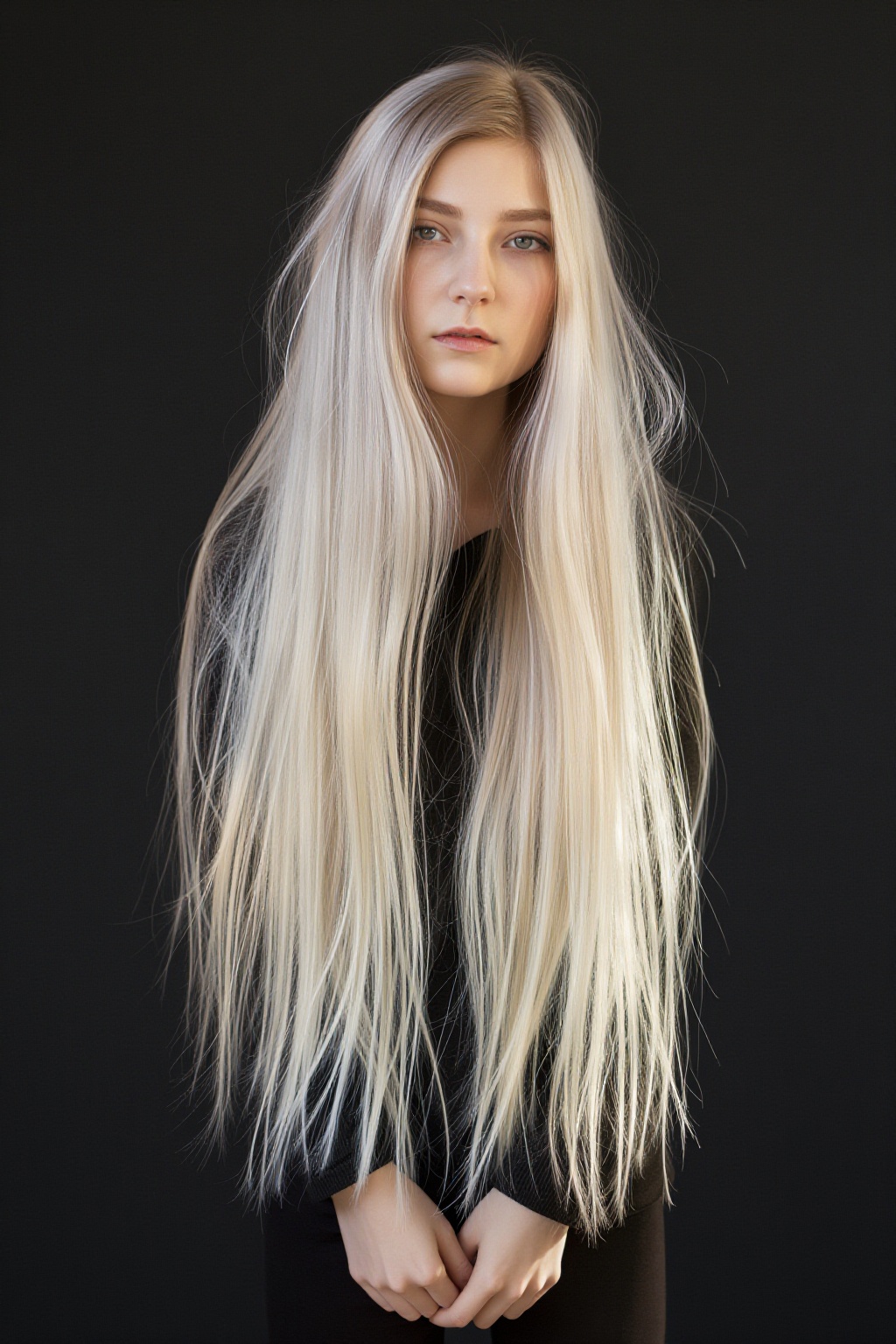 This is an artistic portrait of a single young woman with long,  unstyled platinum blonde tousled hair. The subject has a...