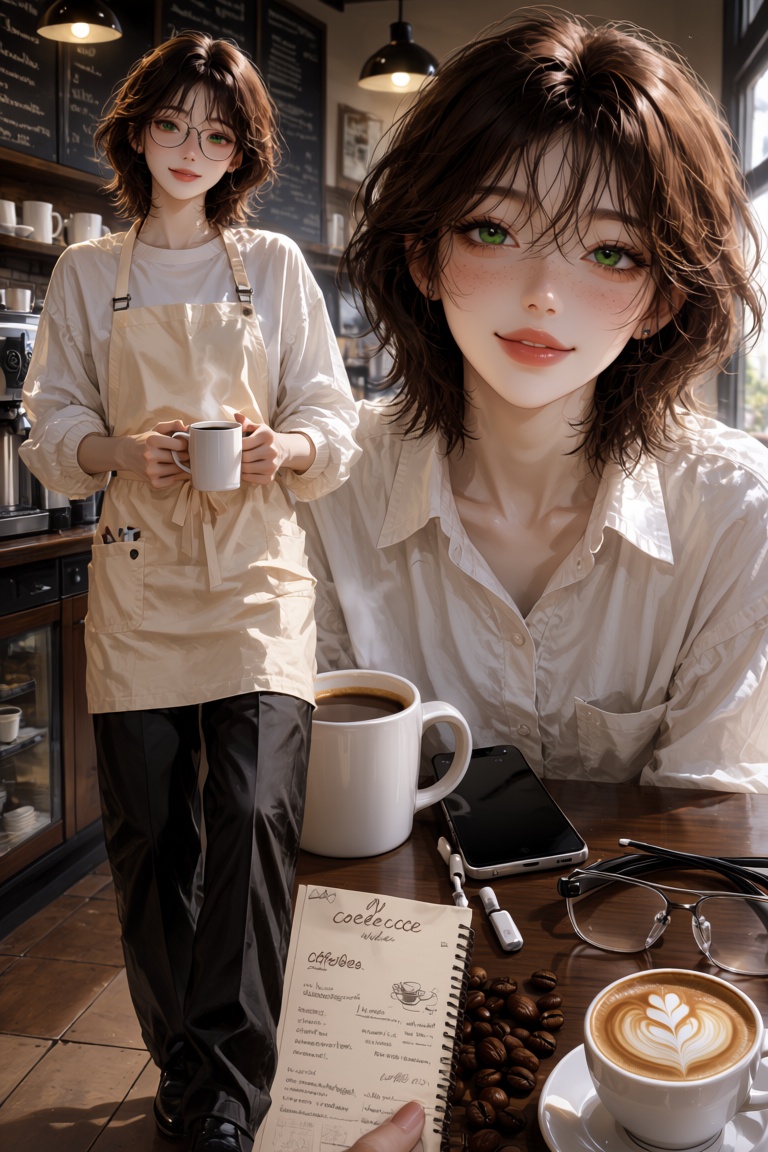 Warm brown fluffy hair,  green eyes,  freckles on Tensor.Art