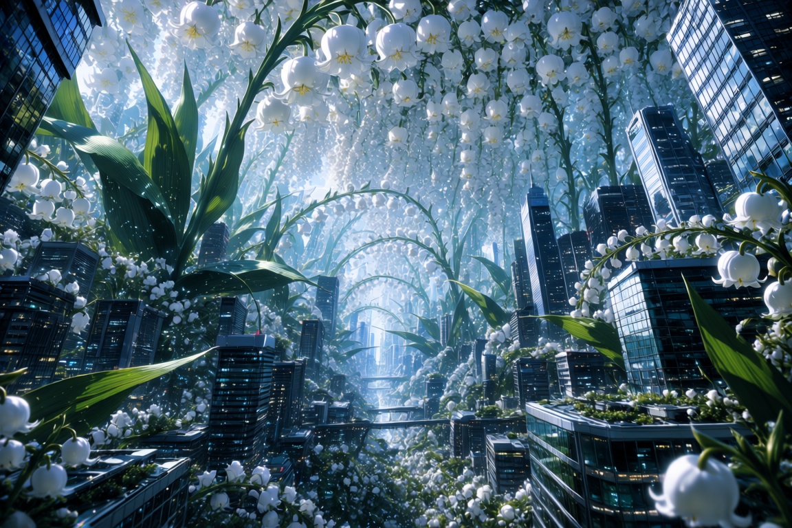 An extreme wide-angle cinematic anime shot of a futuristic modern city completely swallowed by an overwhelmingly dense for...