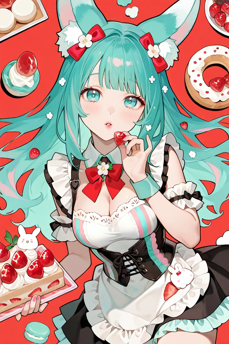 An anime-style character with long teal hair and feline ears serves as the central focus,  adorned in a detailed maid outf...