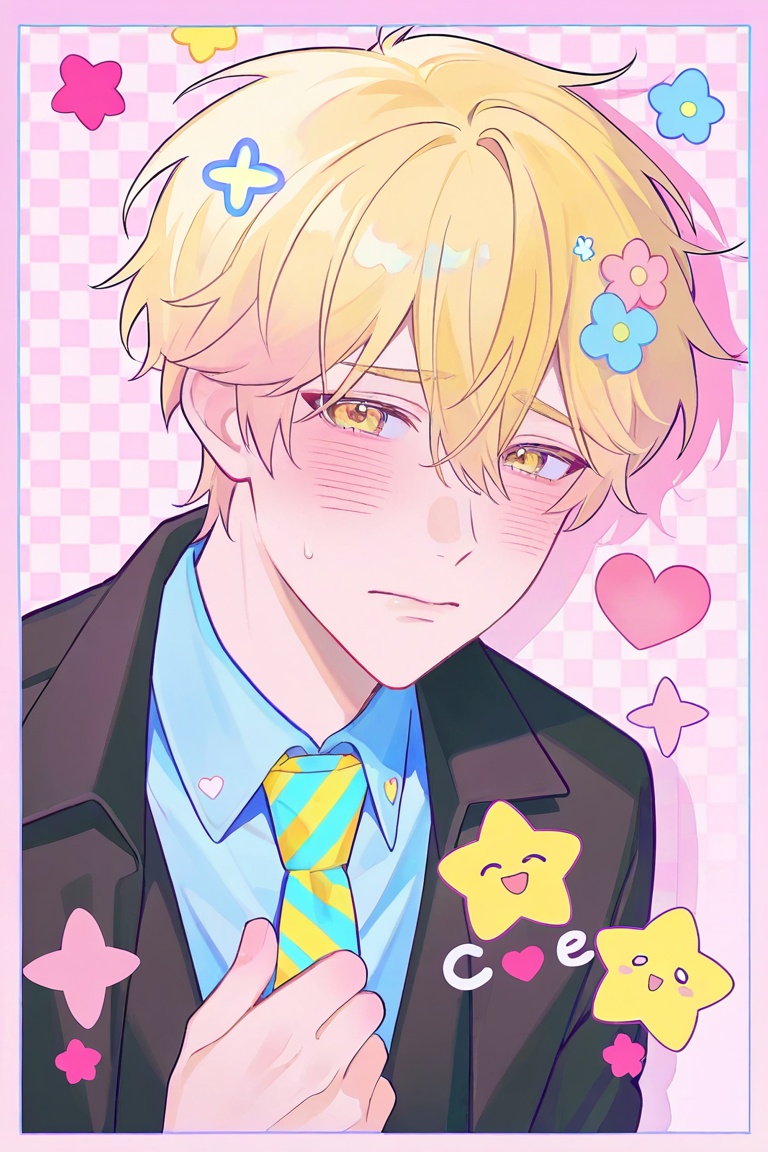 A young man with messy blonde hair and yellow eyes gazes forward with a slight blush. He wears thin-rimmed blue glasses,...