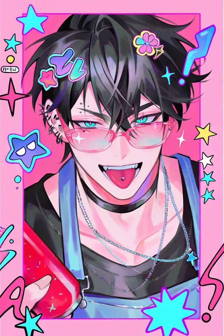A vibrant digital illustration depicts a male anime character with jet black hair and teal eyes,  wearing pink-rimmed glas...