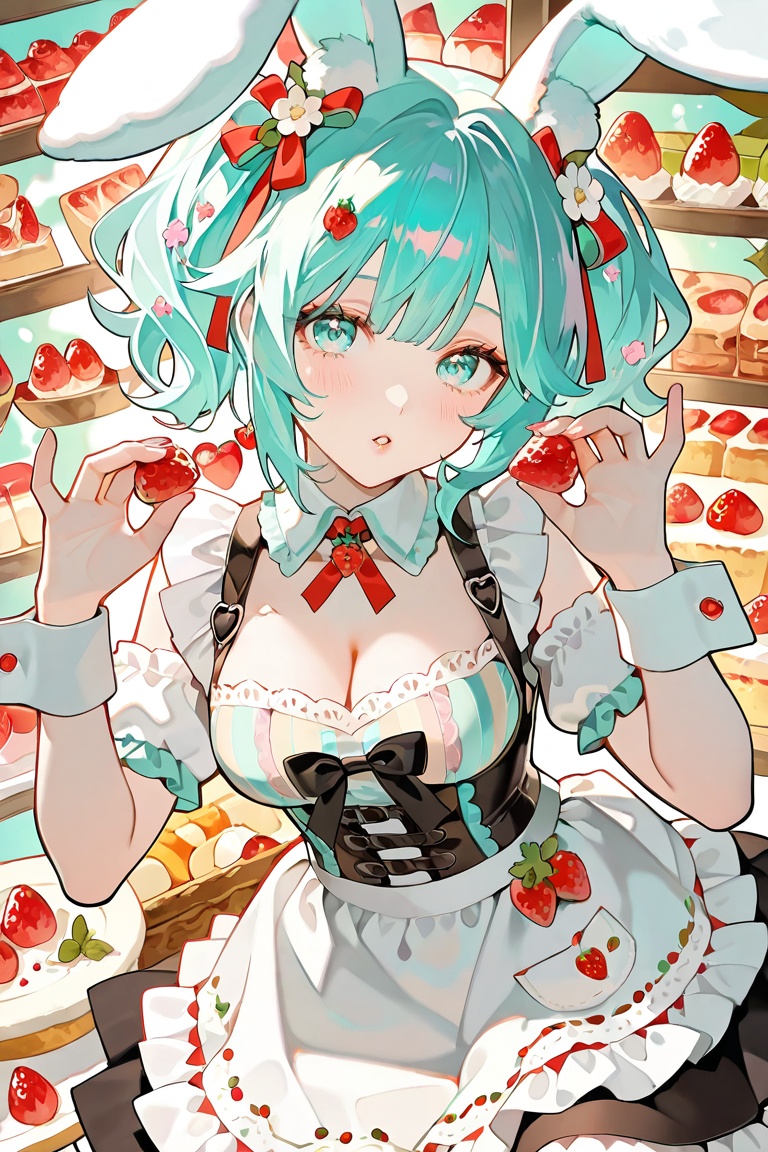 An anime-style character with long teal hair and feline ears serves as the central focus,  adorned in a detailed maid outf...