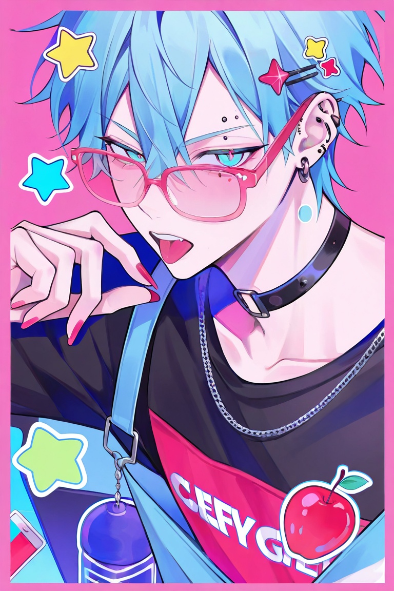 A vibrant digital illustration depicts a male anime character with spiky light blue hair and teal eyes,  wearing pink-rimm...