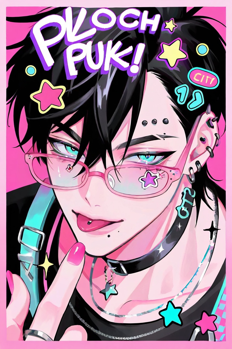 A vibrant digital illustration depicts a male anime character with jet black hair and teal eyes,  wearing pink-rimmed glas...
