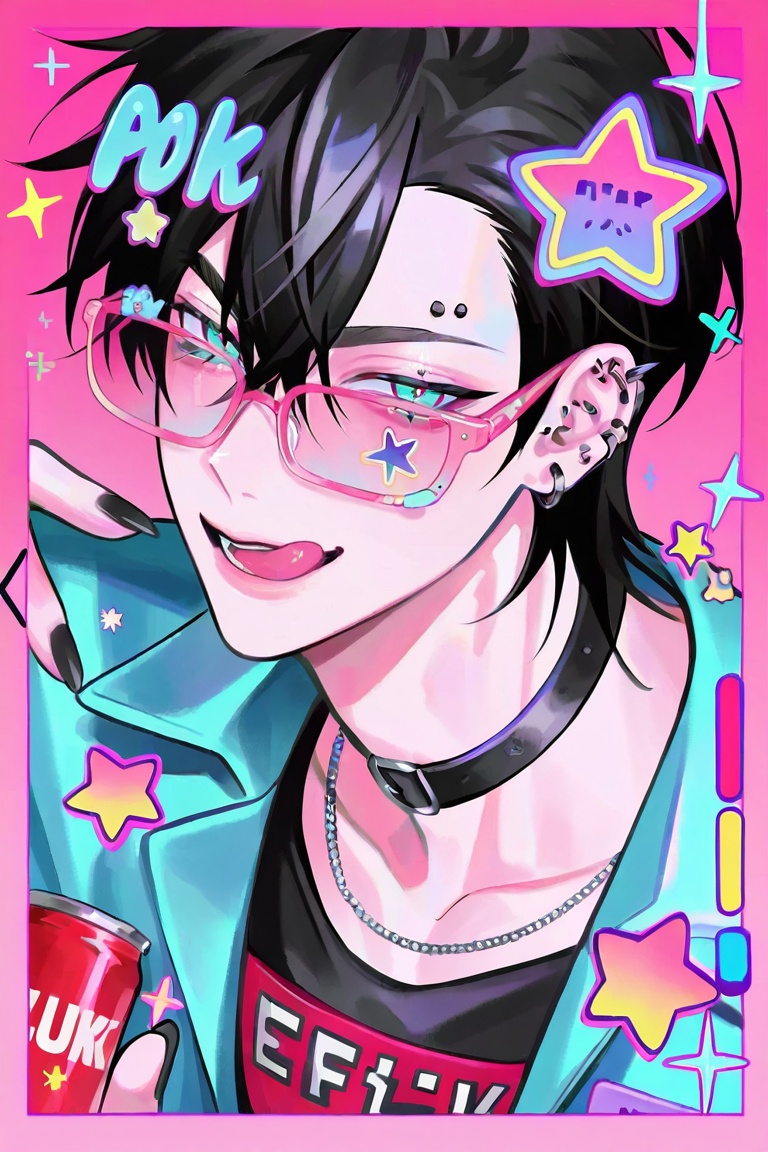 A vibrant digital illustration depicts a male anime character with jet black hair and teal eyes,  wearing pink-rimmed glas...