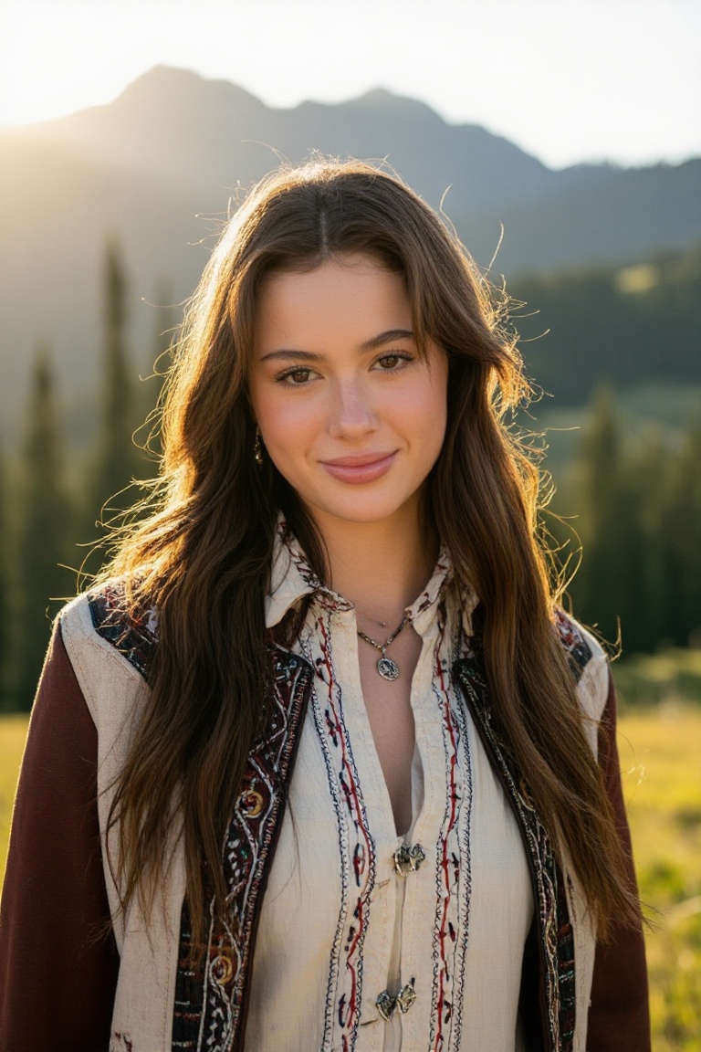 Professional editorial portrait photograph captured in a breathtaking mountainous landscape during golden-hour daylight. T...