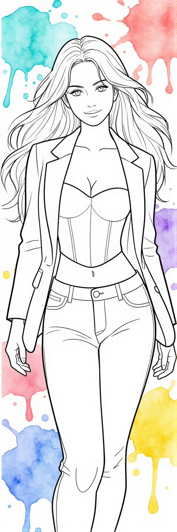 The image depicts a clean,  coloring book–style line illustration of a young woman with long,  flowing hair seen from abov...