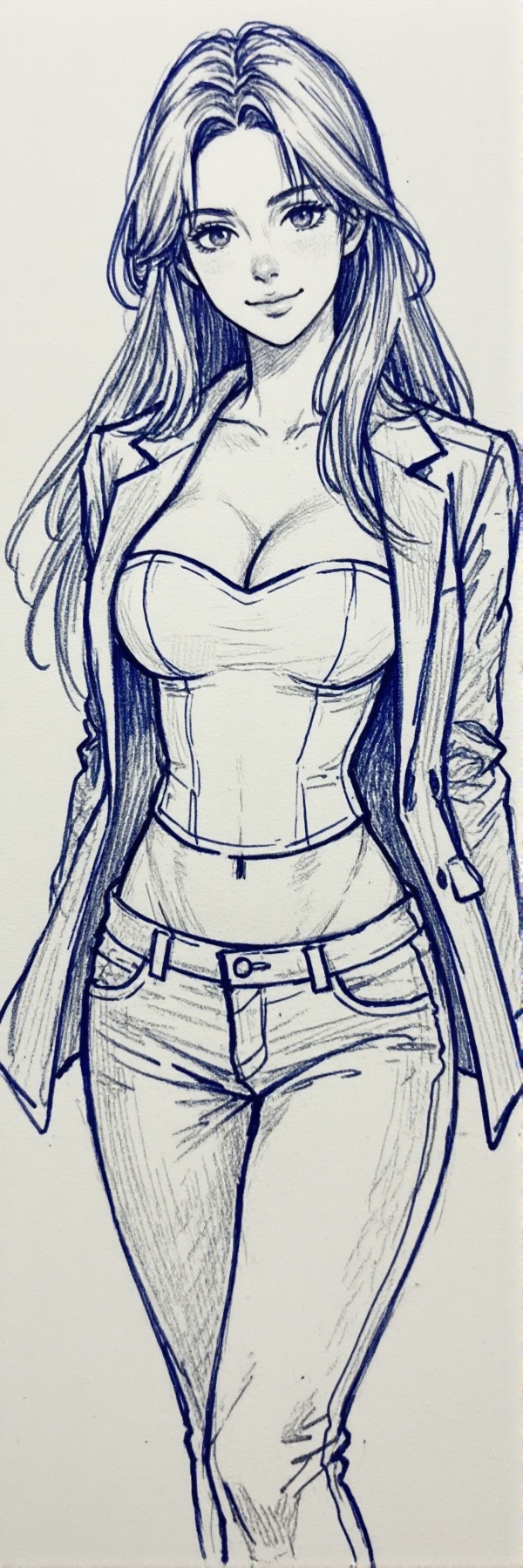 The image depicts a realistic anime-inspired sketch of a young woman with long,  flowing hair,  shown from above the knees...