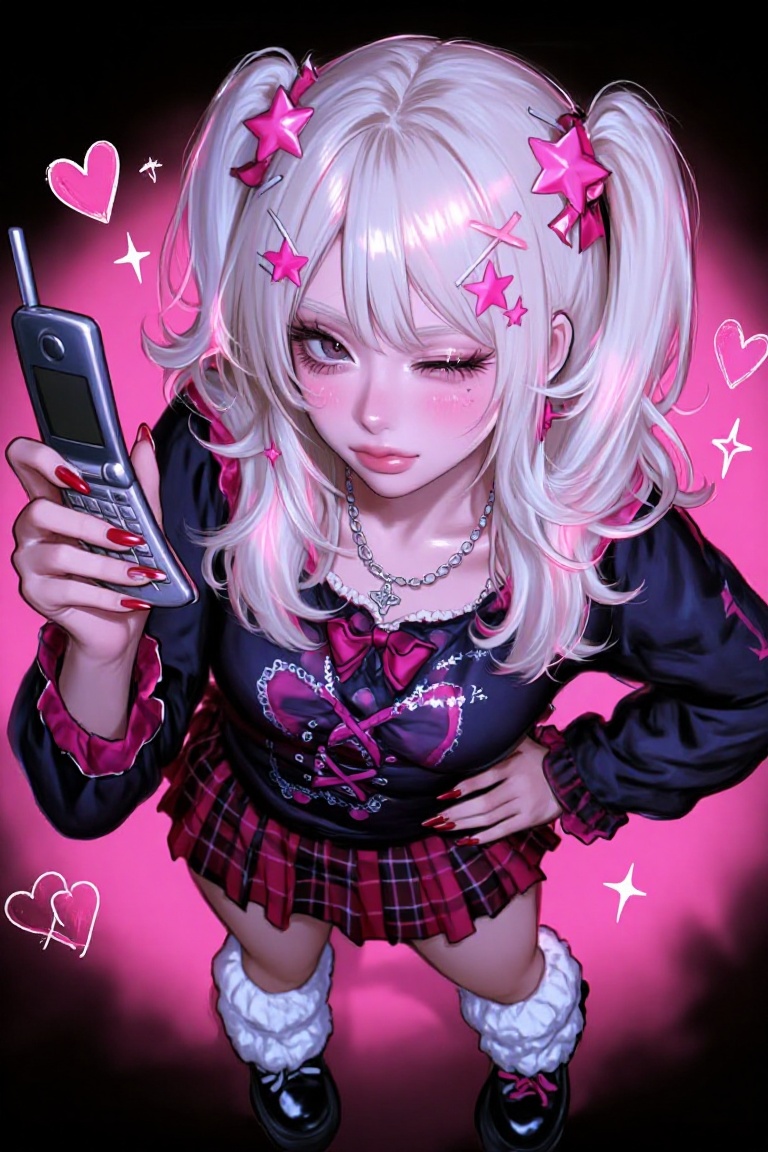 A vibrant anime illustration of a young woman with platinum blonde pigtails adorned with pink star clips and small silver...