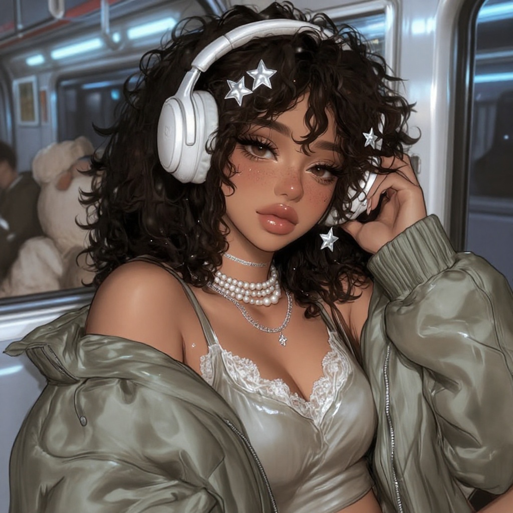 beautiful dark-skinned young woman with voluminous chocolate curls,  silver star hair clips,  oversized white headphones o...