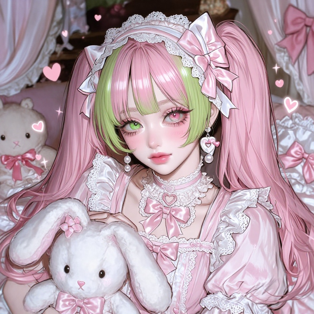 A vibrant anime illustration of a young woman with fair porcelain skin,  striking two-toned pink and macha green twin tail...
