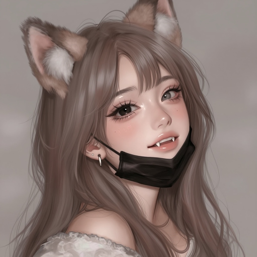portrait of a girl with long wavy brown hair with white ends,  matching hair colour of animal ears (kemonomimi),  one eye...