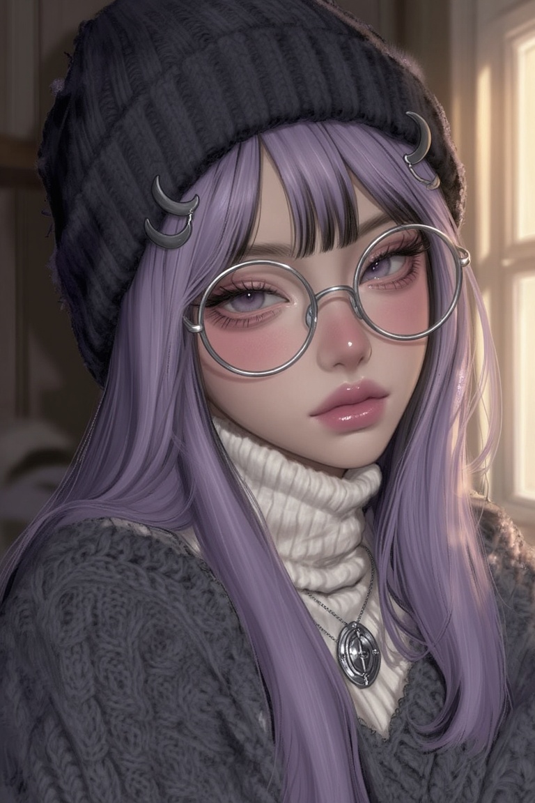 young woman with soft ivory skin,  dusty lavender hair with charcoal black underlayers,  fluffy curtain bangs peeking from...
