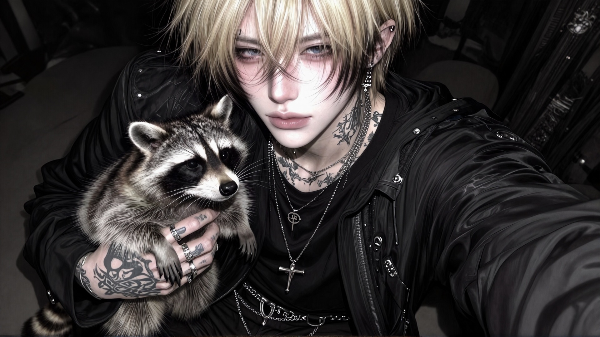 Ultra-realistic candid close-up smartphone photograph of a striking young ***** man with a refined dark emo aesthetic. Pre...