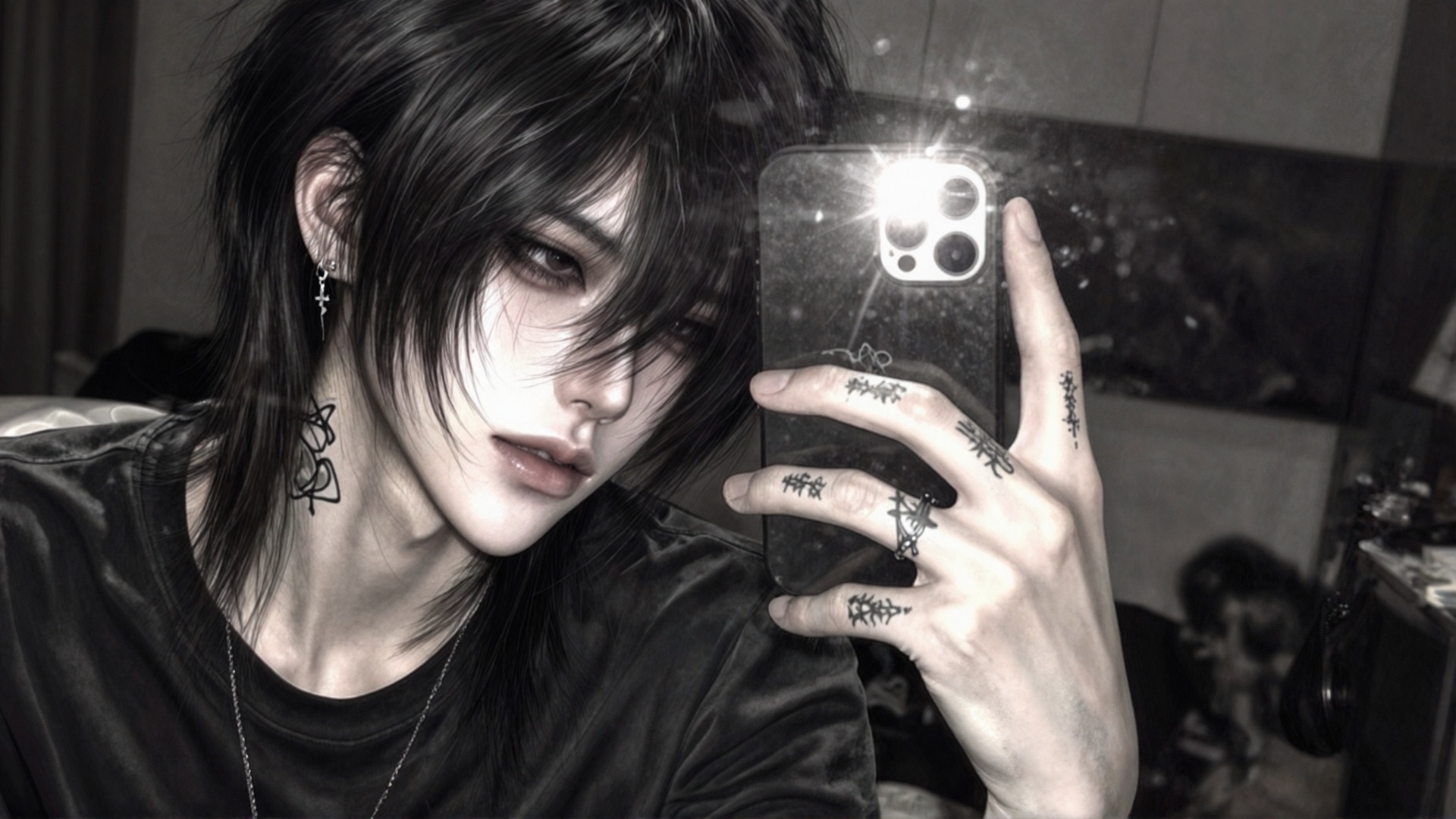 Ultra-realistic candid close-up smartphone photograph of a striking young ***** man with a refined dark emo aesthetic. Pre...