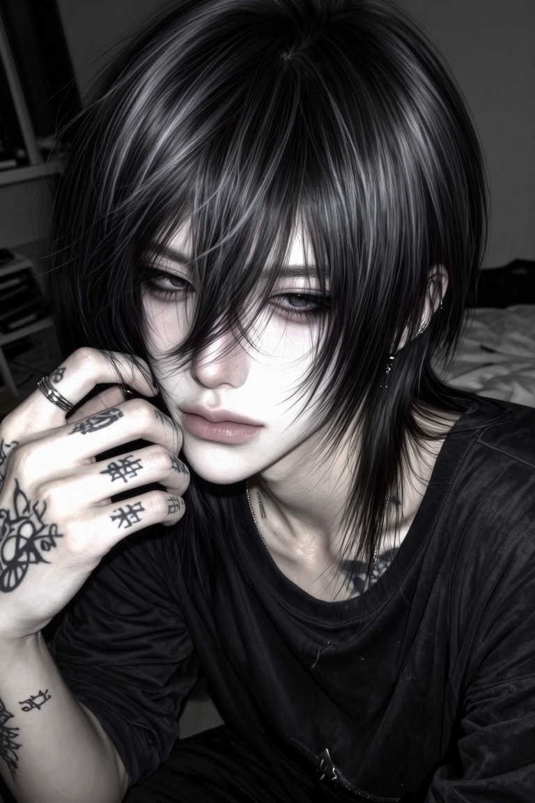 Ultra-realistic candid close-up smartphone photograph of a striking young ***** man with a refined dark emo aesthetic. Pre...