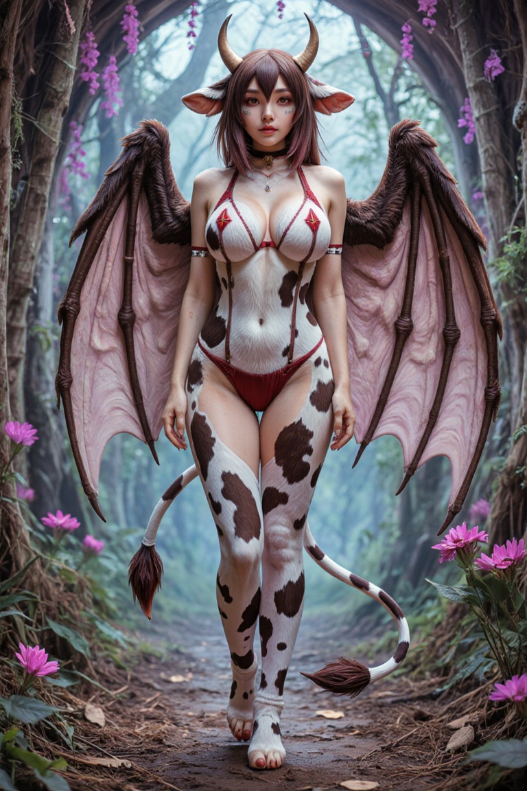 Create a captivating illustration of Gyumi,  a cow girl adorned with cow skin,  horns on Tensor.Art