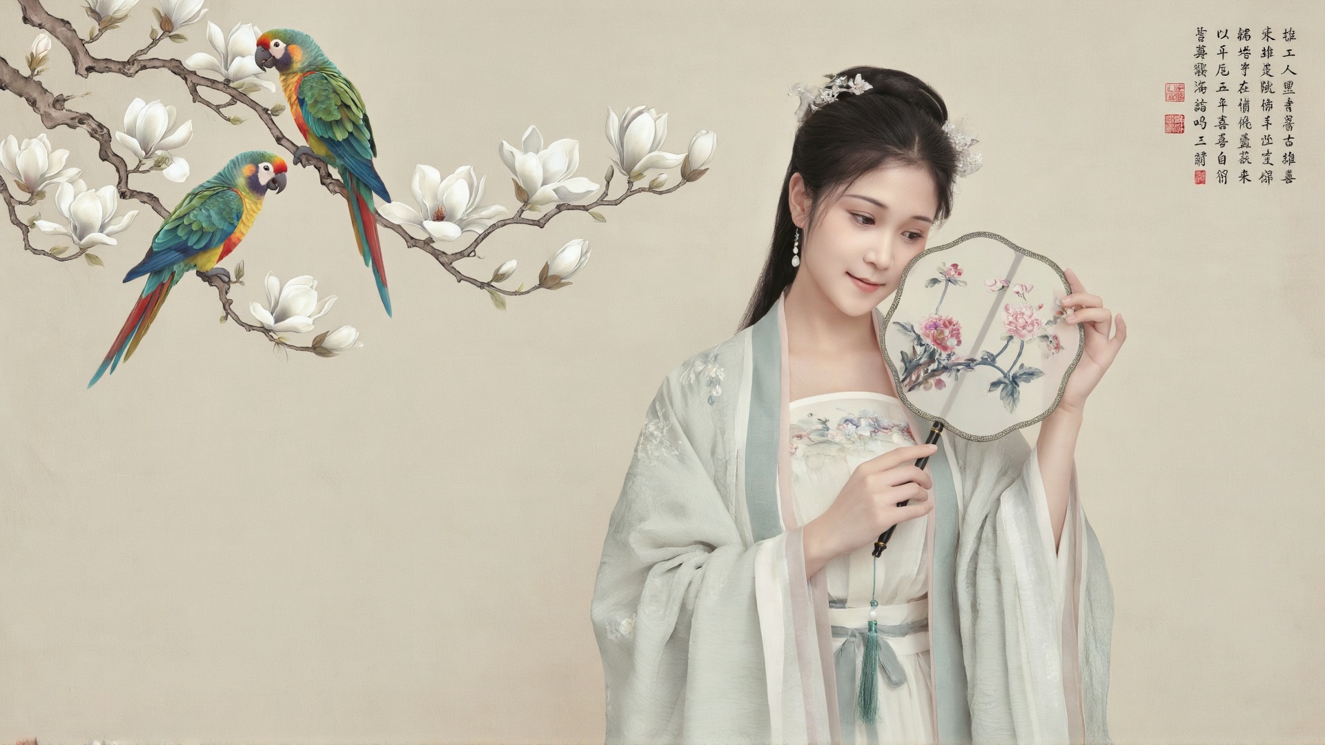 国风工笔绢本写真,  温婉东方古典女子,  素雅浅灰绿交领宋制汉服 by SUNSHINE on Tensor.Art