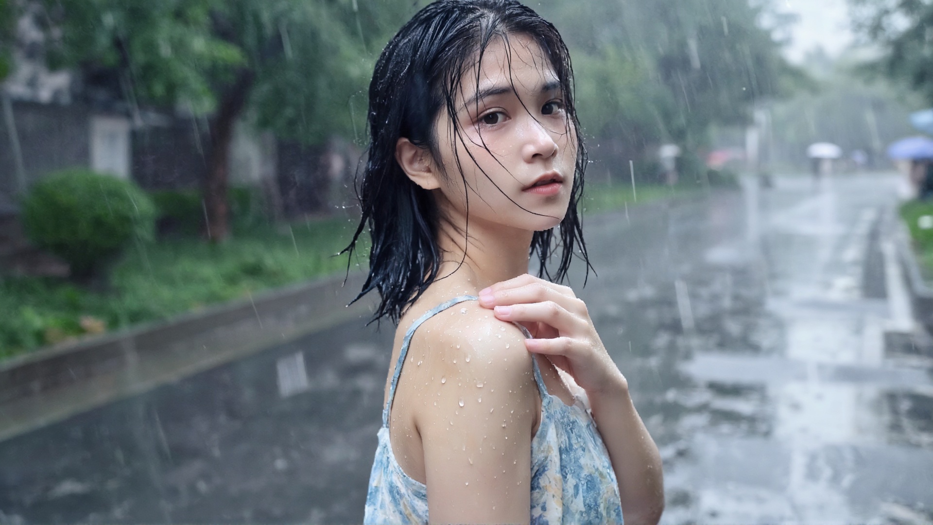 梦核ins 低像素摄影风格,  精致女生走在雨后街边步道,  脸部转向镜头方向 by SUNSHINE on Tensor.Art