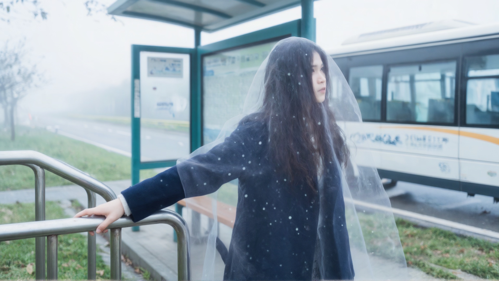 xm,  梦核ins 低像素摄影风格,  清冷女生站在露天公交站台 by SUNSHINE on Tensor.Art