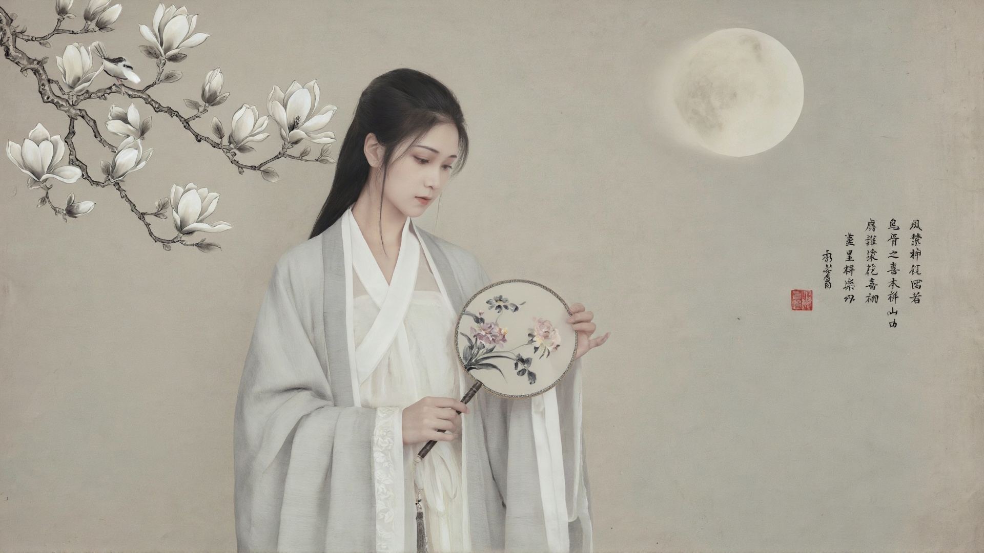 极简留白国风工笔人像,  清冷淡颜古装女子,  素白交领襦裙外罩浅灰外衫 by SUNSHINE on Tensor.Art