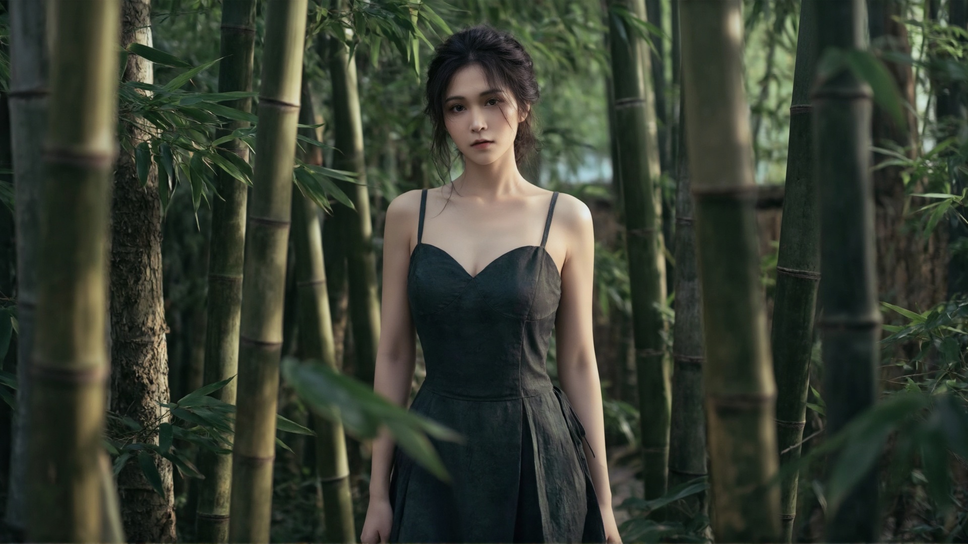 一位肤色白皙、深色头发松散挽起的女子置身茂密竹林中摆姿出镜。她位于画面中心,  身着简约深色心形领吊带连衣裙。她神情淡然,  直视镜头看向观者。画面四周林立着笔直翠绿的竹竿 by SUNSHINE on Tensor.Art