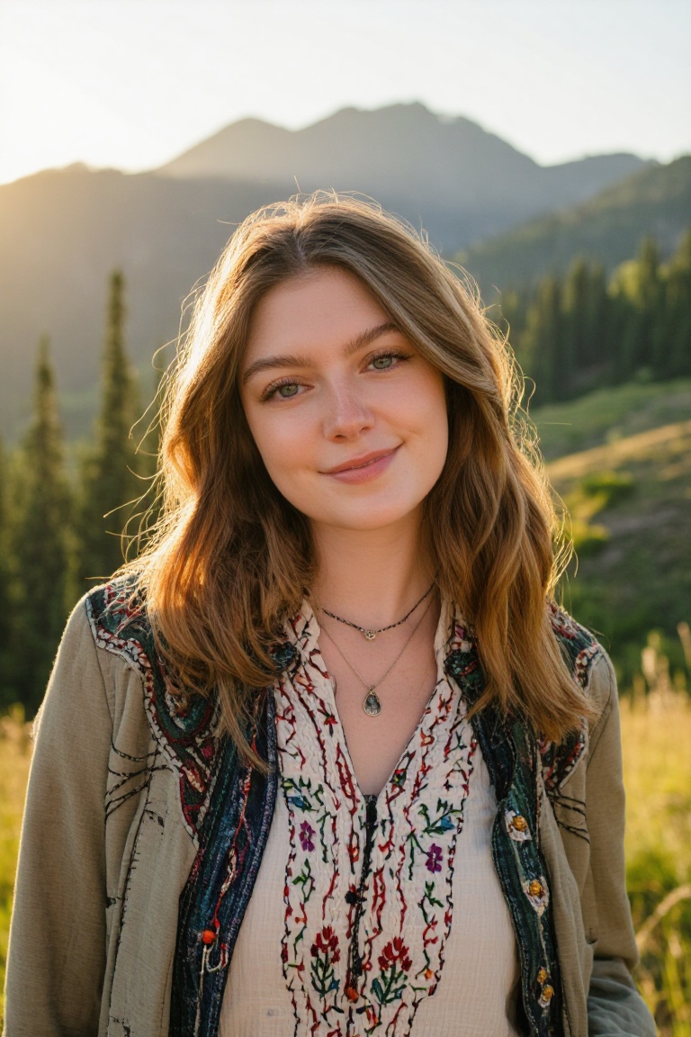 Professional editorial portrait photograph captured in a breathtaking mountainous landscape during golden-hour daylight. T...