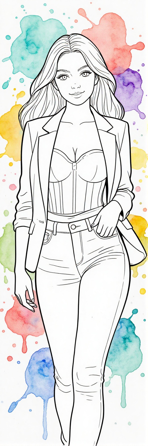 The image depicts a clean,  coloring book–style line illustration of a young woman with long,  flowing hair seen from abov...