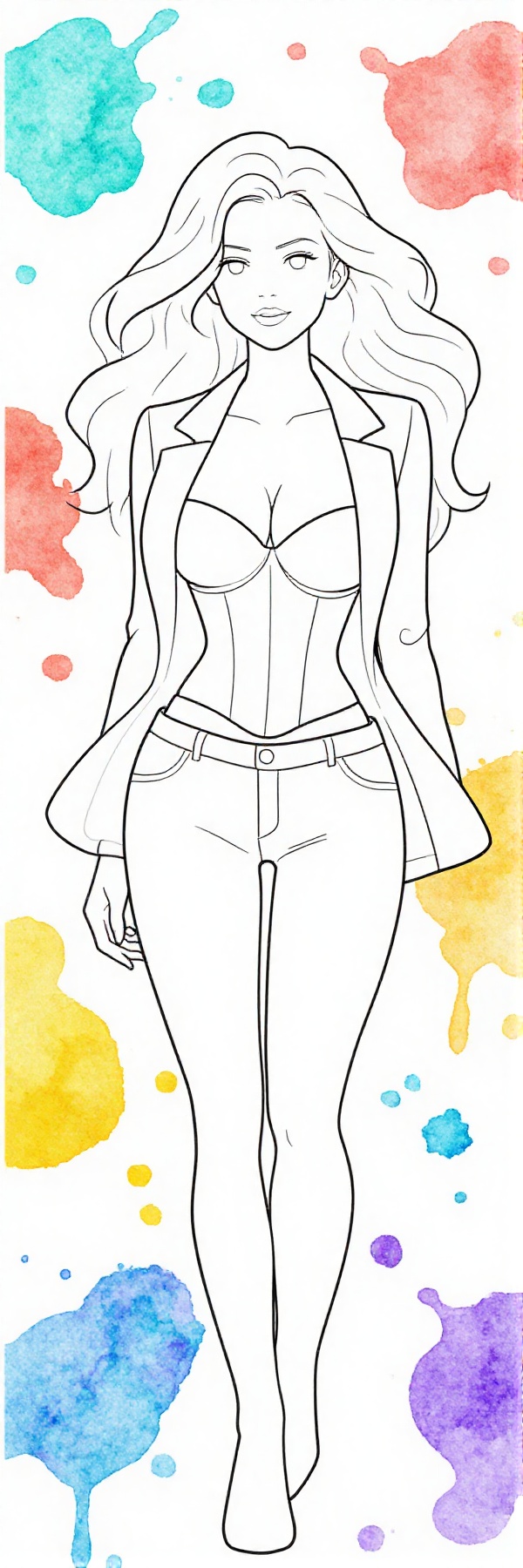 The image depicts a clean,  coloring book–style line illustration of a young woman with long,  flowing hair seen from abov...