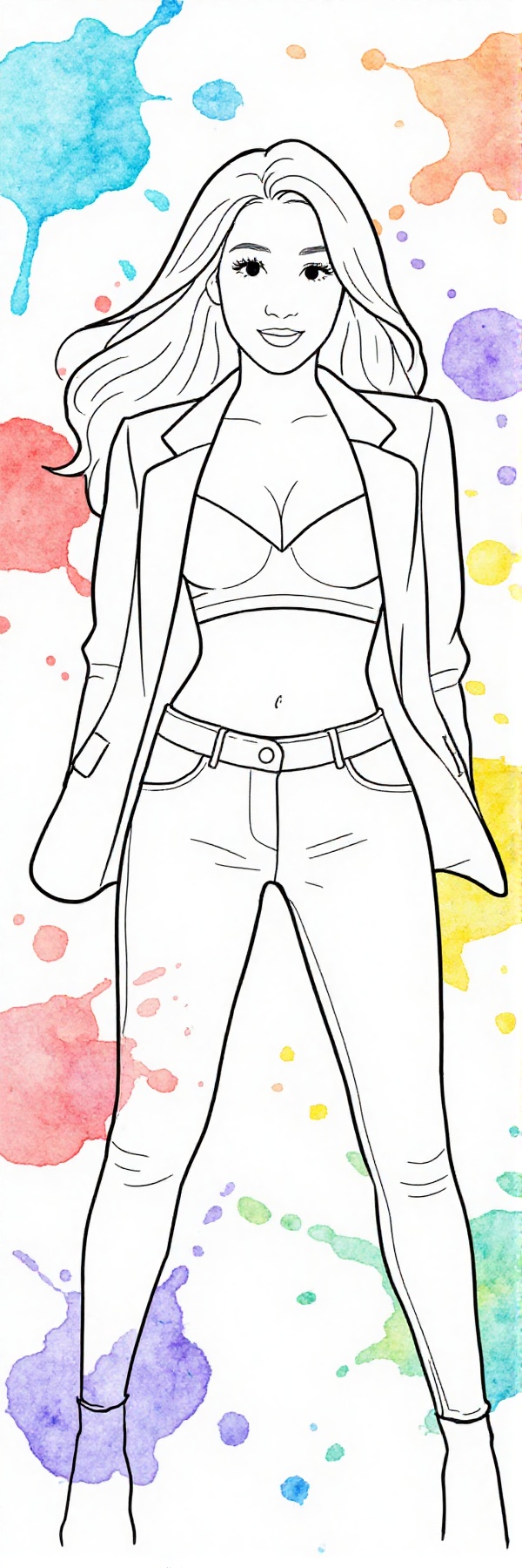 The image depicts a clean,  coloring book–style line illustration of a young woman with long,  flowing hair seen from abov...