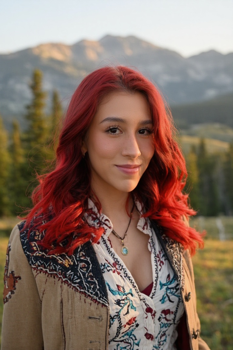 Professional editorial portrait photograph captured in a breathtaking mountainous landscape during golden-hour daylight. T...
