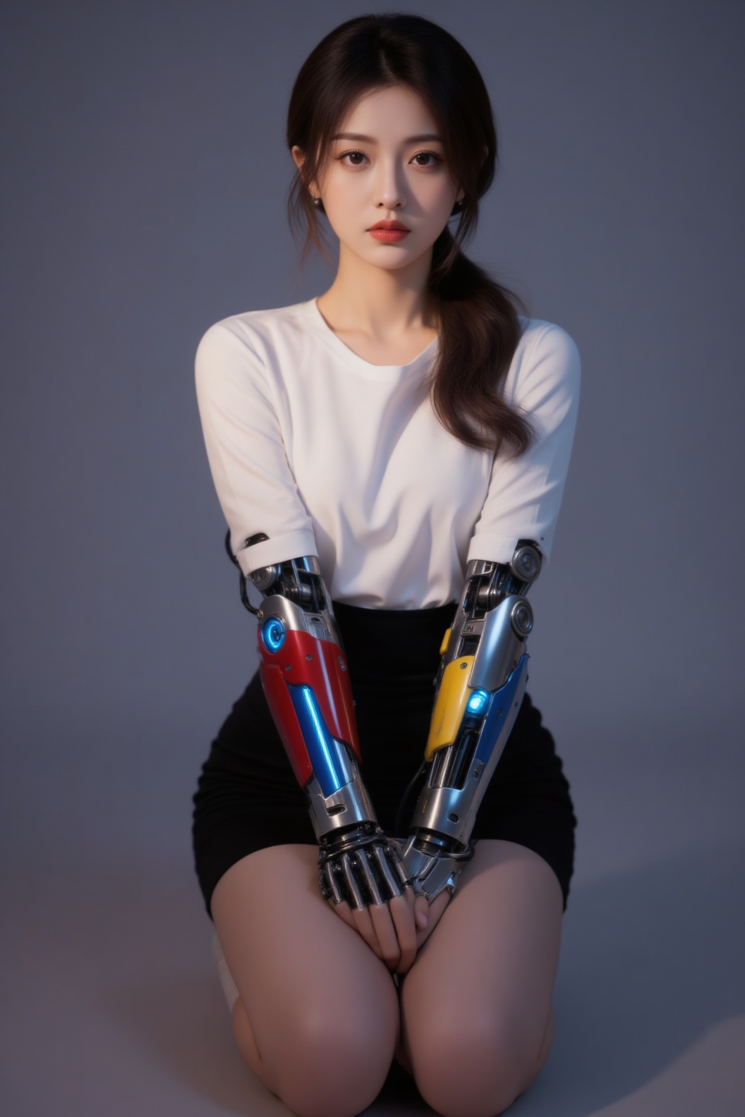 照片中的亚洲女性皮肤白皙,  深棕色头发扎成侧马尾辫,  妆容精致。她跪在地上 on Tensor.Art